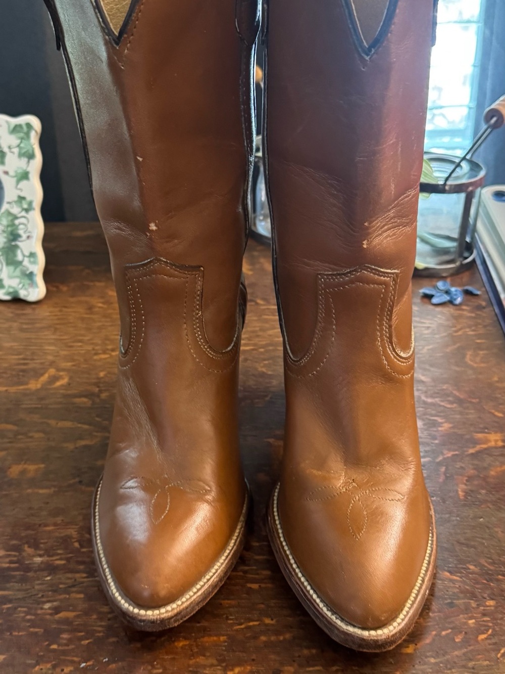 Frye Cognac Leather Mid-Calf Western Heeled Boots